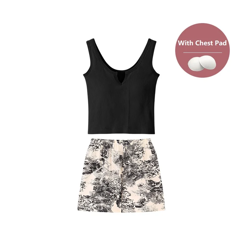 With chest pad summer sleepwear women pajamas sets sleeveless short tops + print short pants pijamas mujer vest women homewear image 3