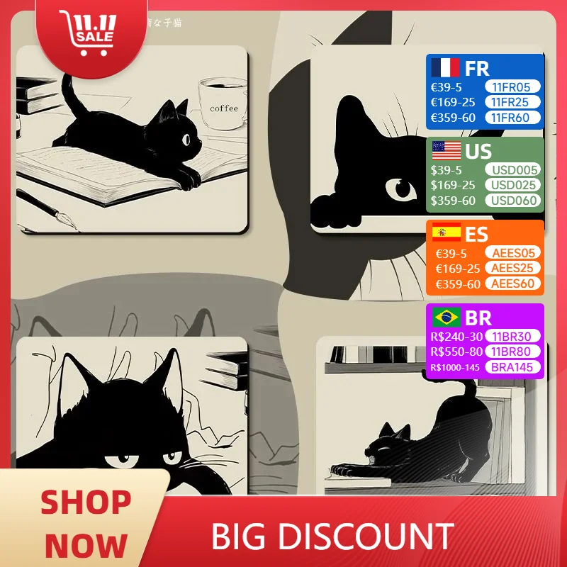 Japanese Style Cute Desk Pad Black Cat Pattern Mouse Pad Beige Cartoon Computer Desk Pad Non-slip Scratch-resistant Table Mats