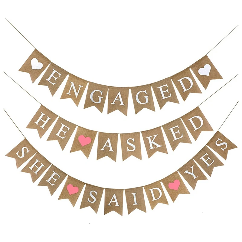 3 Pcs Engaged Burlap Banner He Asked She Said Yes Banner Rustic Bridal Shower Bunting Garland For Wedding Engagement