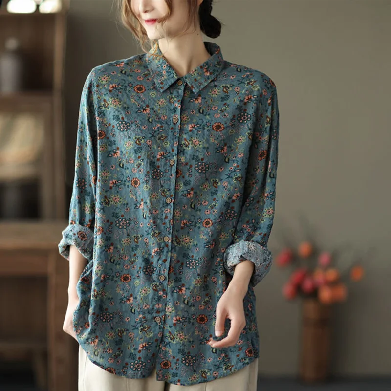 Vintage Printed Lapel Button All-match Floral Shirt Women Clothing 2023 Autumn New Loose Casual Tops Long Sleeve Commute Blouse