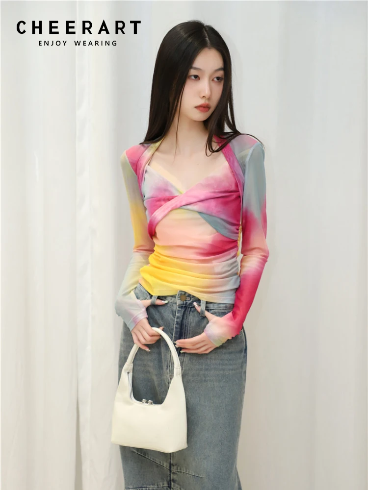 CHEERART Colorful Tie Dye Long Sleeve Tees Designer Mesh Top For Women 2023 Summer Square Neck Fashion Tees New Arrivals