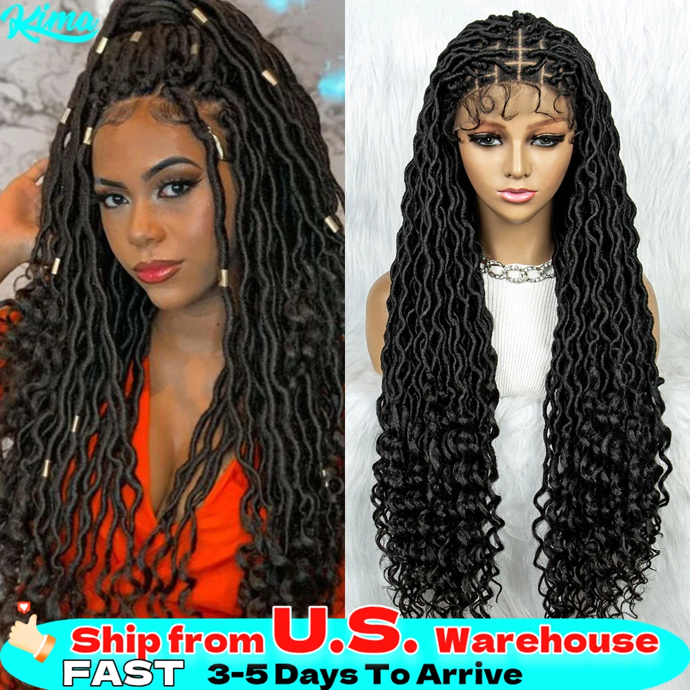 Synthetic Cornrow Braided Wigs 9*6 Lace Front Wig Square Knotless Box Braided Dreadlock Wig with Curly End for African Women