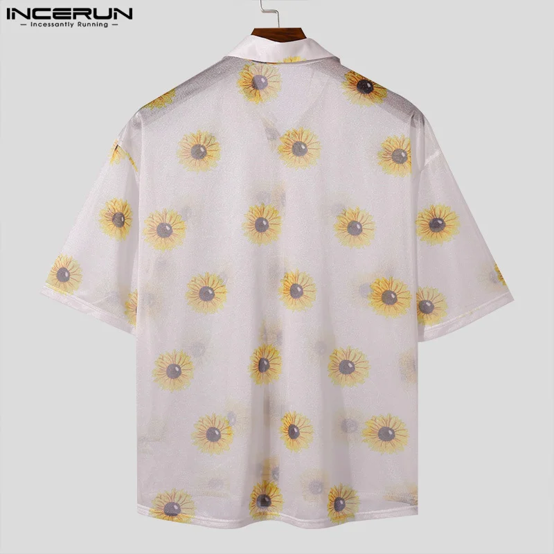 2024 Men Shirt Flower Printing Transparent Lapel Short Sleeve Summer Fashion Men Clothing Streetwear Casual Shirts S-5XL INCERUN