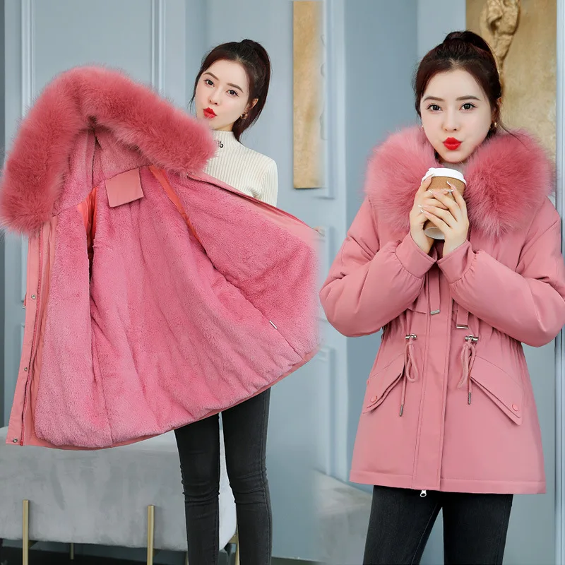 2024 Winter New Women\'s Medium to Long Hairy Collar with Velvet Cotton Coat Thick Coat