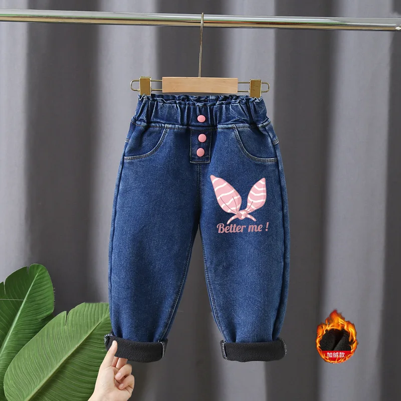 new Girls Jeans printing Cartoon elastic force Jeans Autumn Winter Plush thicken Jeans Kid Casual Style Children Clothing2-7Y