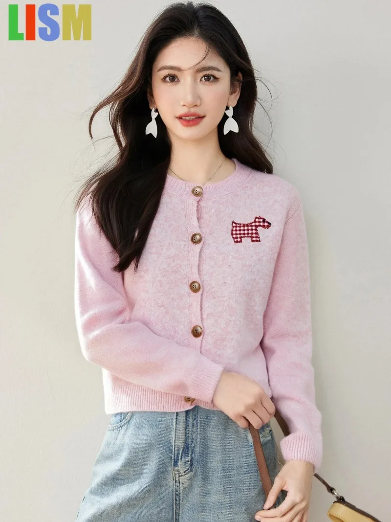 

LISM Retro Embroidered Dog Button round Y2k sweatshirt Knitted Open Cardigan Women's Autumn Sweater For Women Light Outerwear