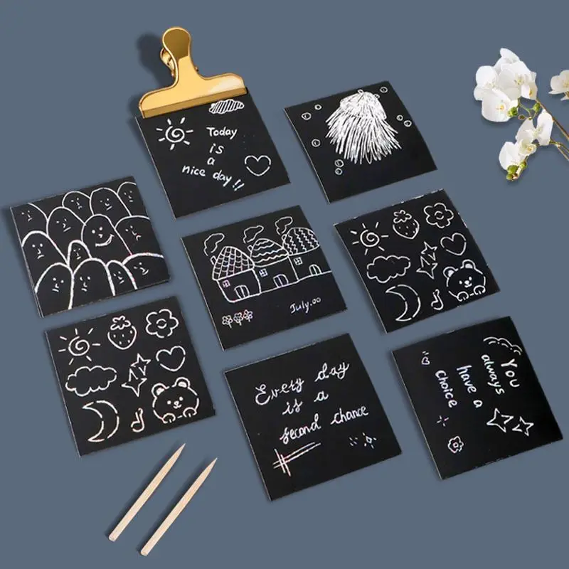 100 Sheets Black Surface Glitter Laser Magic Scratch Paper Art Set with 2 Wooden Stylus for DIY Art Craft Drawing Kids Notepad