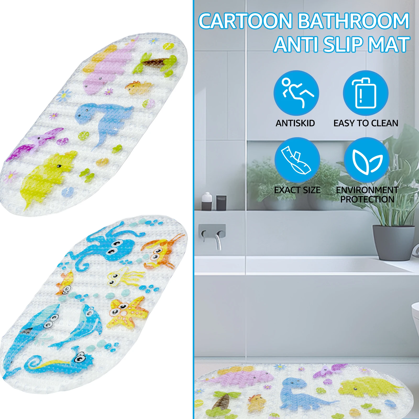 Kids Cartoon Non Slip Bathroom Mat PVC Baby Bath Mat with Suction Cup 69x39cm Oval Baby Bathroom Shower Mat for Household Bath