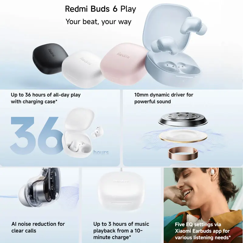 Xiaomi Redmi Buds 6 Play Wireless Bluetooth Earphone, Touch Control Wireless Earphone, AI Noise Reduction, 5 EQ Modes BT5.4
