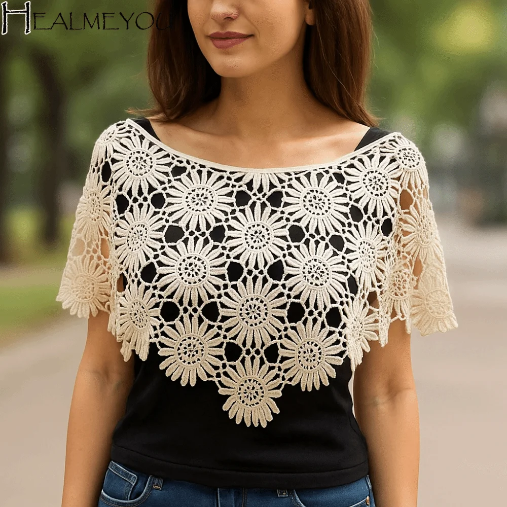 

Creative False Crochet Collar Tulle Lace Boho Chic Lace Shawl Poncho DIY Embroidered Trim Fake Collar Dress Decorative Shoulder