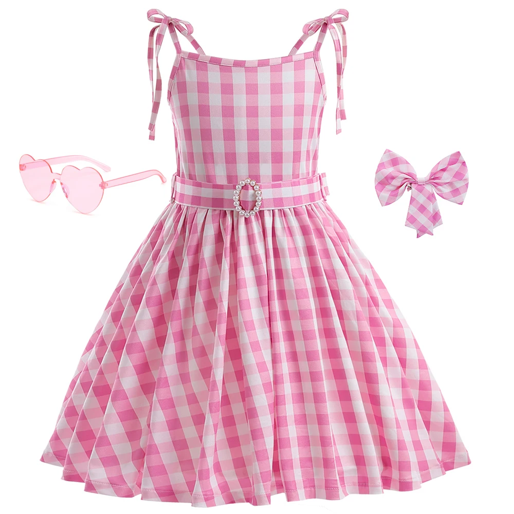 

Платья Барби для девочек, детская карнавальная клетчатая розовая праздничная одежда для девочек с очками, одежда принцессы, детская вечеринка A