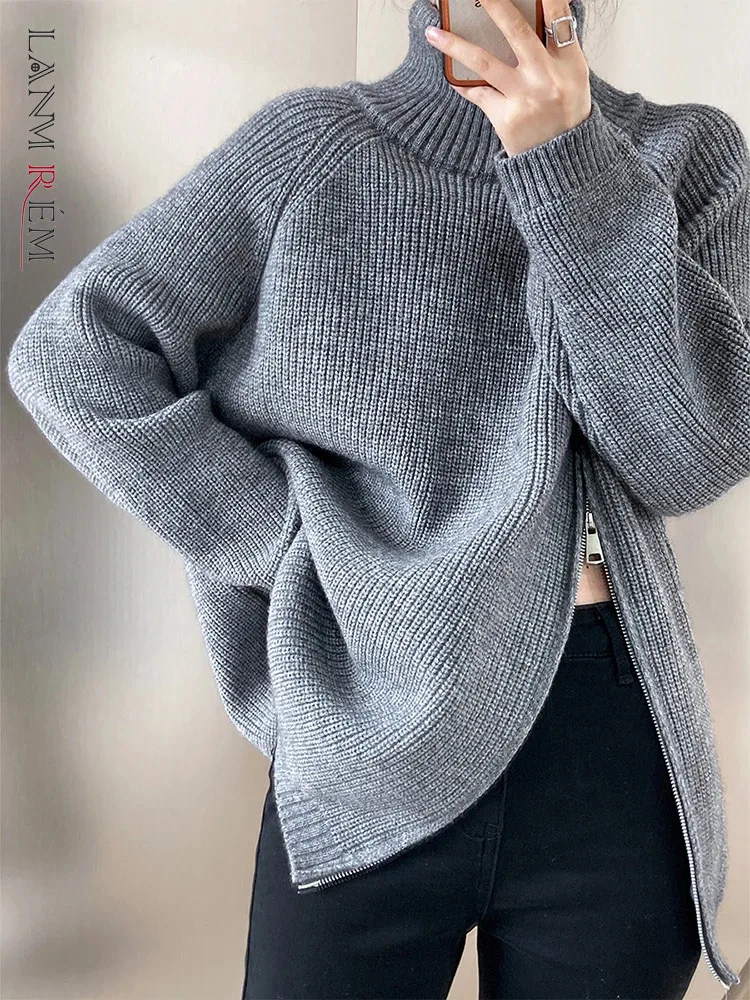 LANMREM Women Knitted Sweater Turtleneck Solid Color Zipper Style Female Fashion Outwear Warm Clothes 2024 Autumn Winter 2DA8028