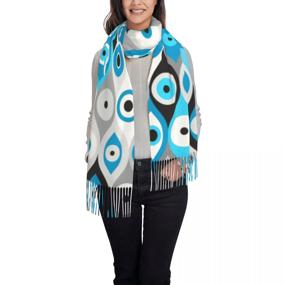 Female Large Greek Evil Eye Pattern Blues And Greys Scarves Women Winter Thick Warm Tassel Shawl Wrap Nazar Amulet Boho Scarf