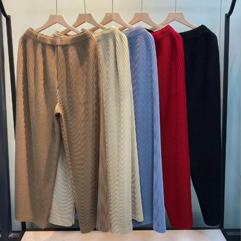 Miyake-Conjunto plisado para mujer, chaqueta informal de manga larga con cuello en V, pantalones de pierna ancha y pierna recta, conjunto de 2 piezas, ropa de talla grande para mujer