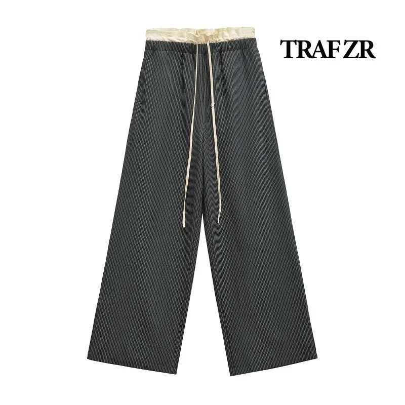 TRAF ZR Baggy Pants for Women Spliced Woman Trousers Striped Wide Pants High Waisted Pants Women Ladies Fashion Trousers