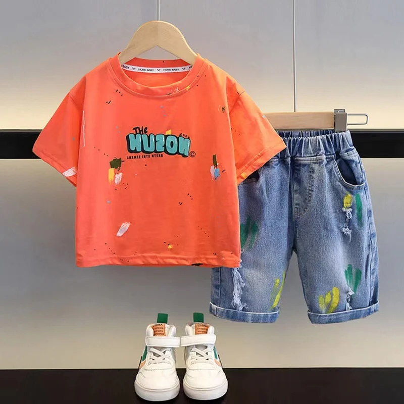 Summer Baby Kids Clothes Boy Sets Toddler Boys Cotton Sleeve T-shirt +Denim Shorts 2Pcs Children Outfits 1 2 3 4 5 6Y