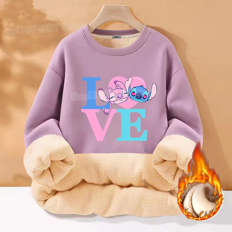 Cartoon Disney Stitch Hoodie Cute Round Neck Hoodie with Velvet Thick Sweatshirt Winter Warm Clothes Casual Y2K Women's Top