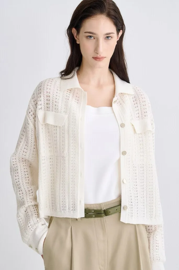 Lemon Cheese Faionable Knitted Open Cardigan Loose Slimming Tee Colors Button-Up  Collar Breathable Cotton Long Sve