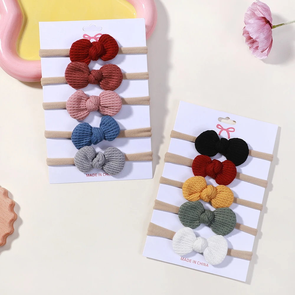 5Pcs Einfarbig Kinder Bögen Stirnband Set Elastische Nylon Candy Bowknot Haarband für Neugeborene Baby Mädchen Kleinkind Haar Zubehör