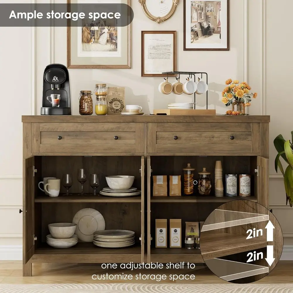 خزانة بوفيه Modern Farmhouse 55 مع أبواب الحظيرة وأدراج تخزين ورفوف، بني ريفي