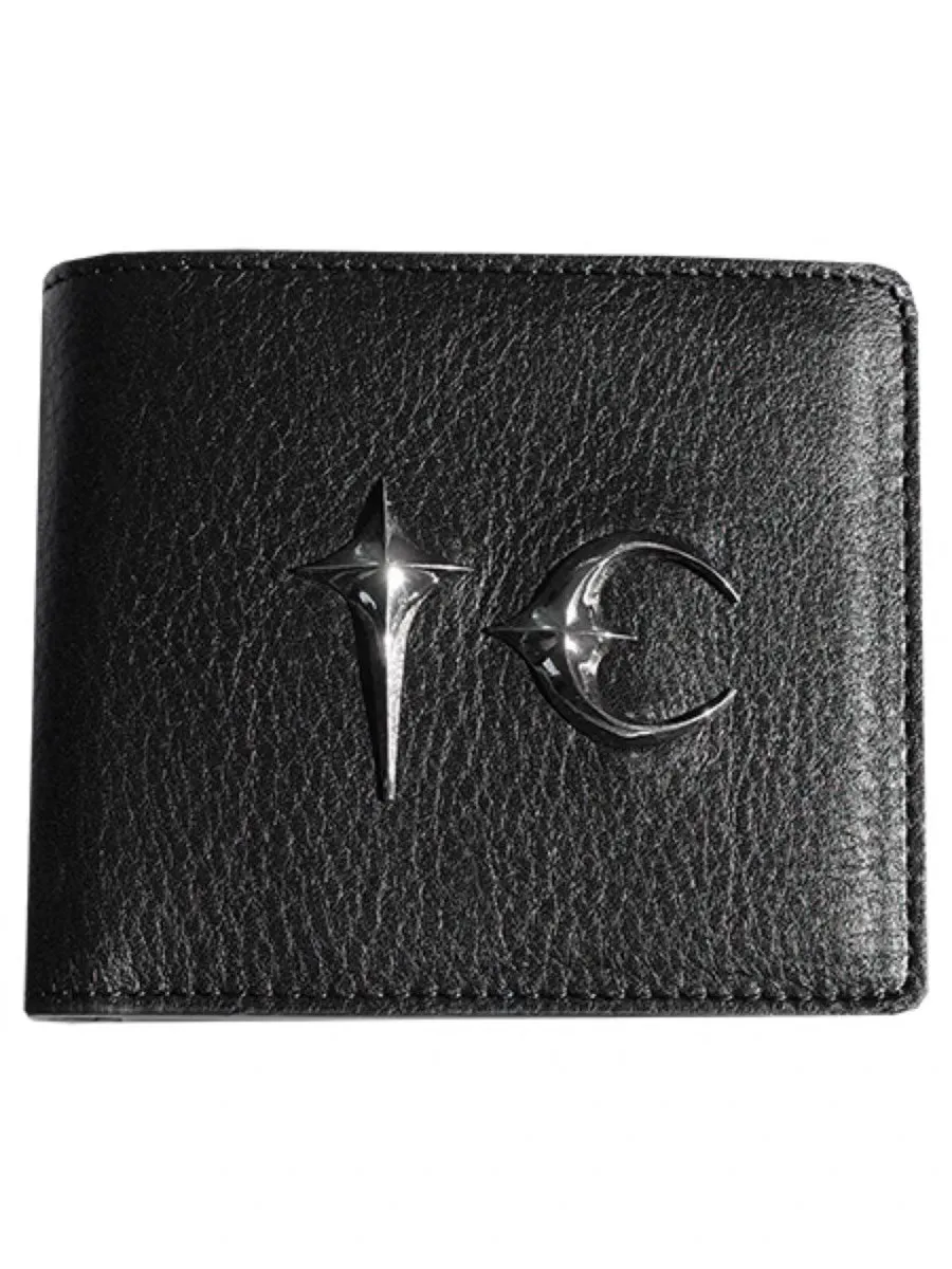 thug-clb-black-genuine-leather-bifold-wallet-with-metal-star-moon-emblem-multi-card-slot-short-purse-for-men-women