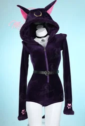 Mobbunny Luna Derivative Fluffy Bodycon Romper Purple Lingerie Hooded Bodysuit Homewear with Tail Belt and Socks Cosplay Costume