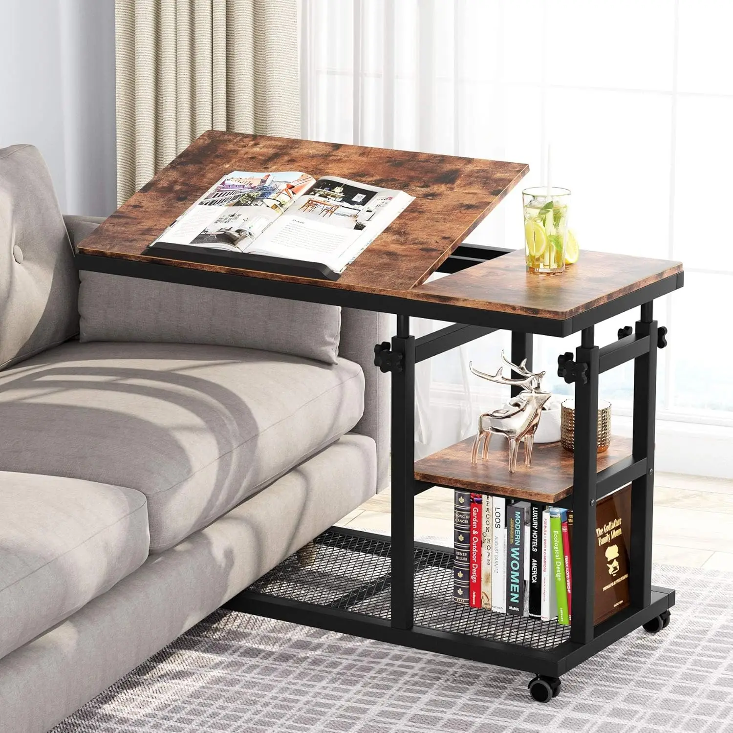 Height Adjustable C Table with Wheels, Mobile Couch Snack Side Table with Tiltable Drawing Board,with Storage Shelves