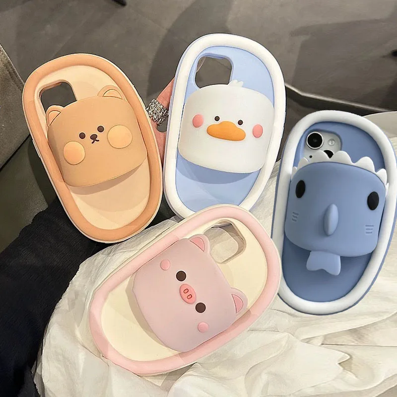 

INS Pop Cartoon shark slippers shoes Phone Case For iphone 15 14 13 12 Pro MAX i11 Bear Pig Duck Kid 3D Cute Soft Silicone Cover