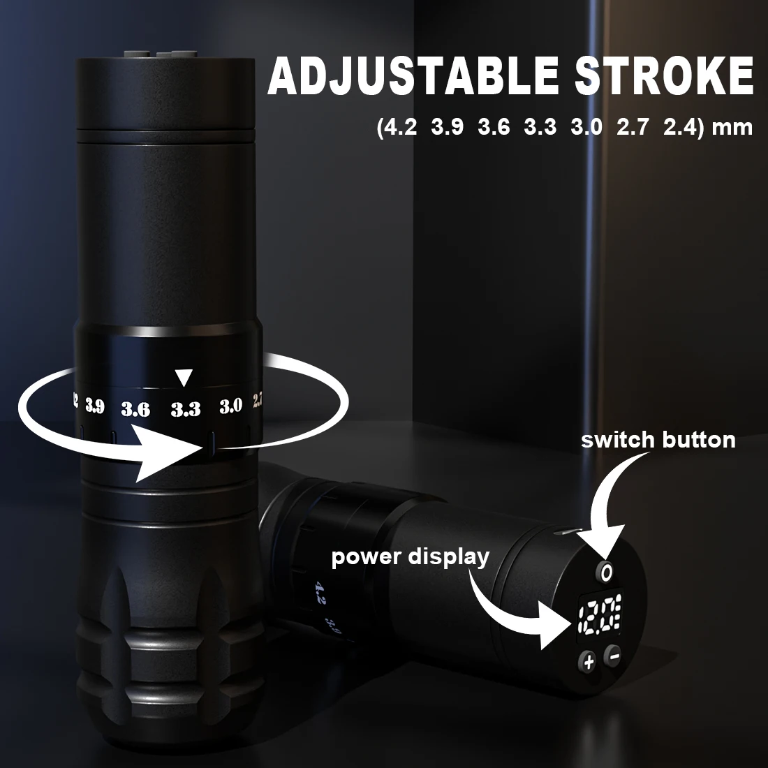 

Черная беспроводная ручка для татуировки, пистолет для татуировки с аккумулятором емкостью 1500 мАч, структура диска с цветком сливы, регулируемый ход 2,4-4,2 мм