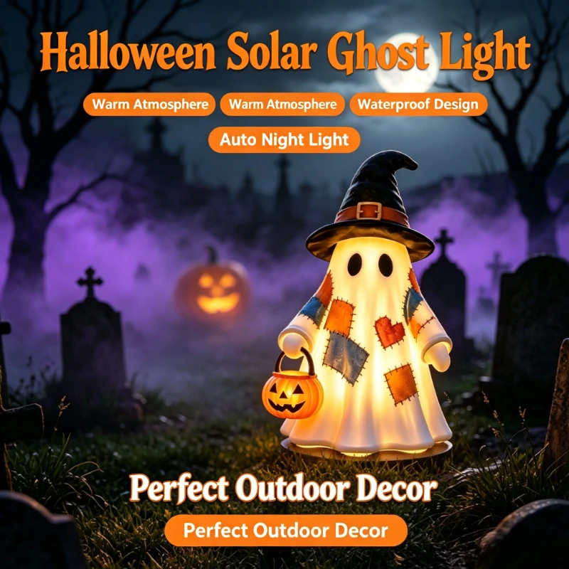 Solar Powered Light‑Up Patchwork Ghost Stake Light, Halloween Outdoor Garden Pathway Decor With Witch Hat & Pumpkin Bucket