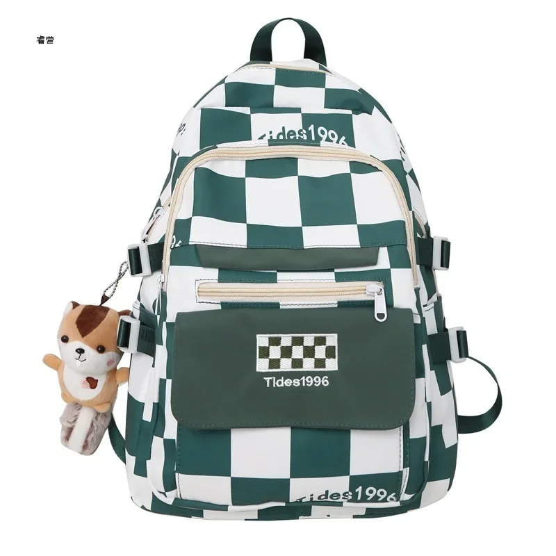 Casual Backpack for Students Checkerboard Plaid Schoolbag for Female Junior High School Large-capacity Design Multi-pocket