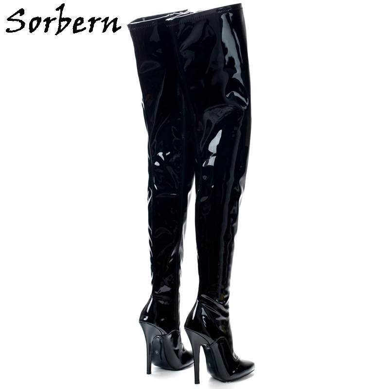 Sorbern Crotch Thigh High Boots Women Pointed Toe 14Cm High Heel Stilettos Full Zip Up Streched Drag Queen Boots Fetish Shoe