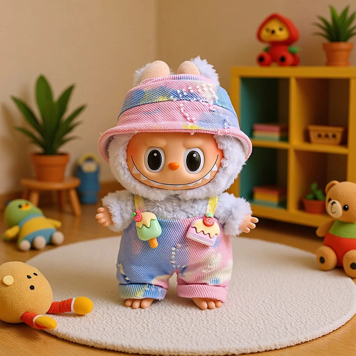 Мини-плюшевая кукла, повседневный красочный комбинезон, комбинезон, шляпа рыбака, одежда для Labubu, наряды, аксессуары, подарок