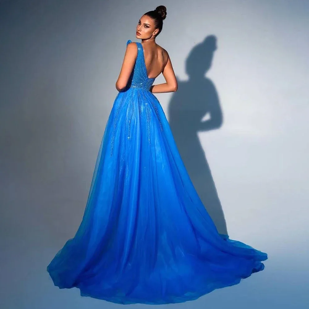 Hot Sale Arabic Blue Mermaid Sweetheart Sleeveless Beaded Evening Dresses Gowns For Women Party 2024 LA71921 With Cover Skirt