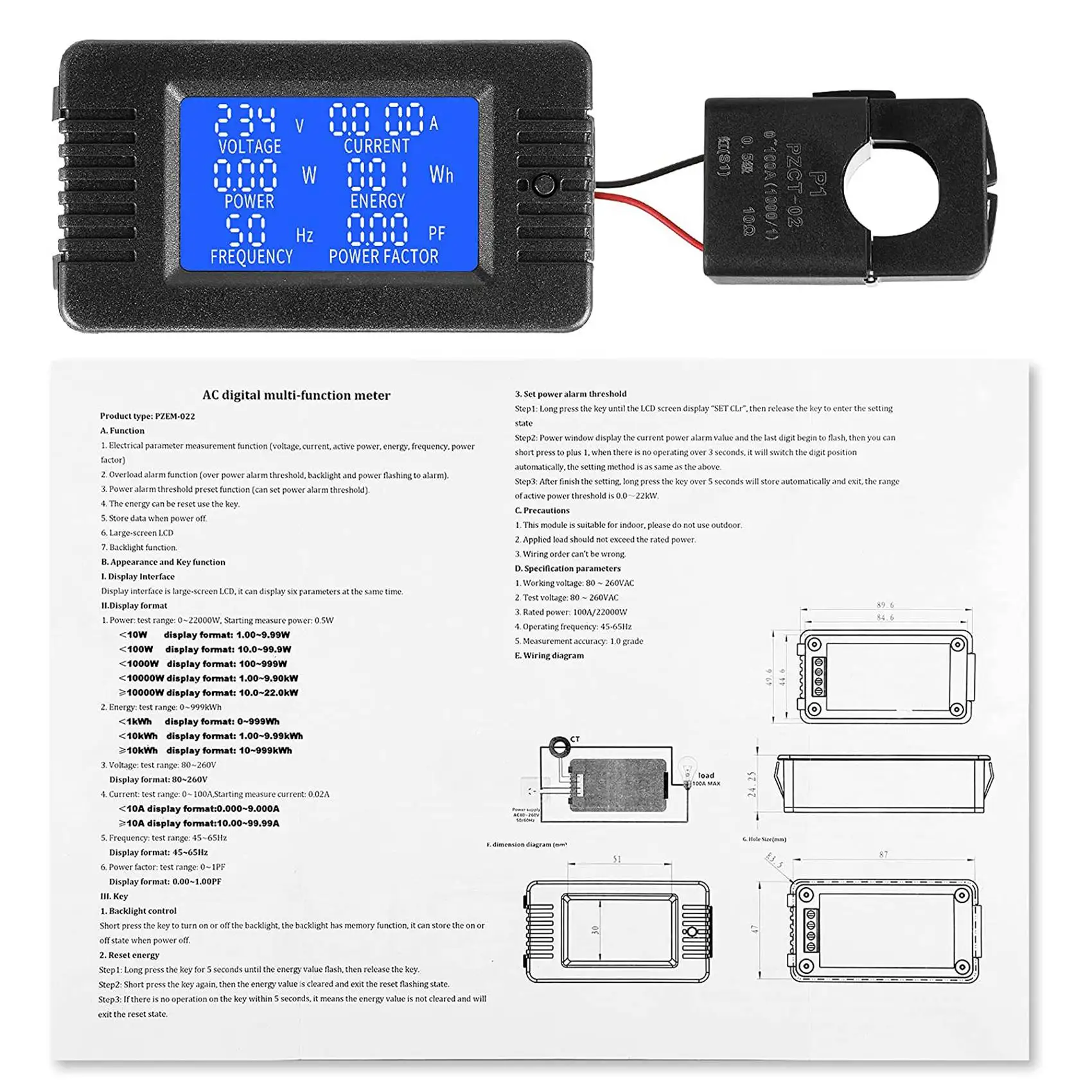 Tensão atual digital e medidor do monitor atual, amperímetro de potência, voltímetro, display LCD, AC 80-260V, 100A, CRS-022B, 2 pcs