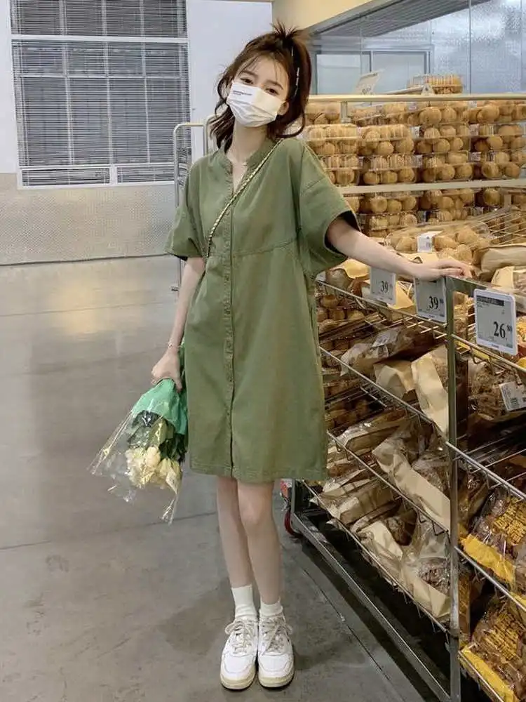 

Женское модное платье-рубашка больших размеров, укороченное, повседневное, летнее, с завышенной талией, прямого кроя, на пуговицах, в корейском стиле