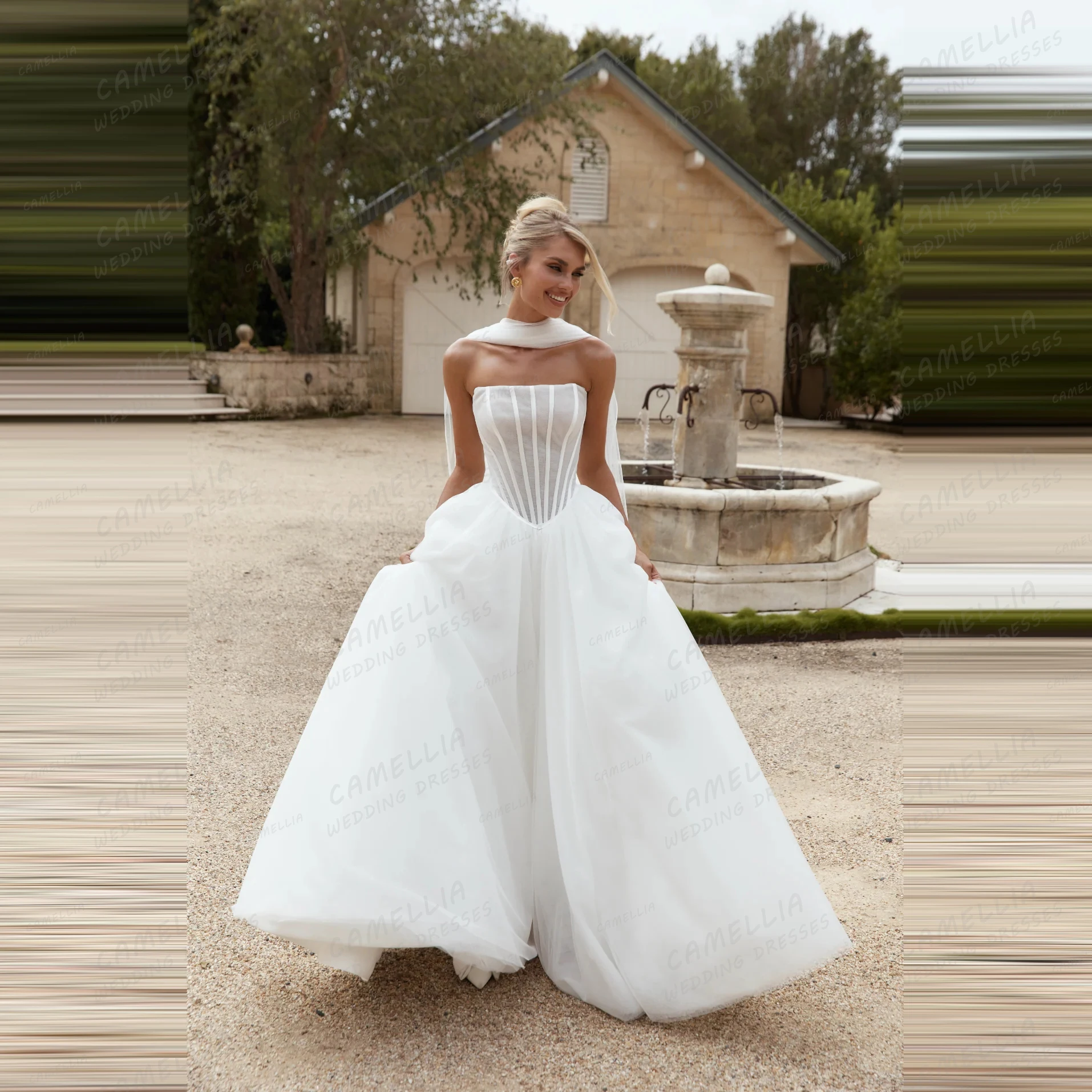 

Gentle Tulle Wedding Dresses Women's A Line Boat Neck Sleeveless Bridal Gowns Backless Vestidos Customized فساتين سهرة