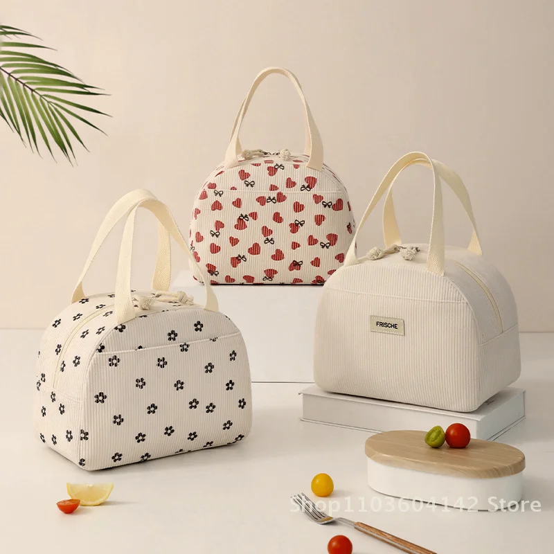 Bolsa de almuerzo de pana Floral bonita, caja Bento de aislamiento térmico, bolsa de almuerzo de gran capacidad, bolso para el trabajo, escuela, Picnic