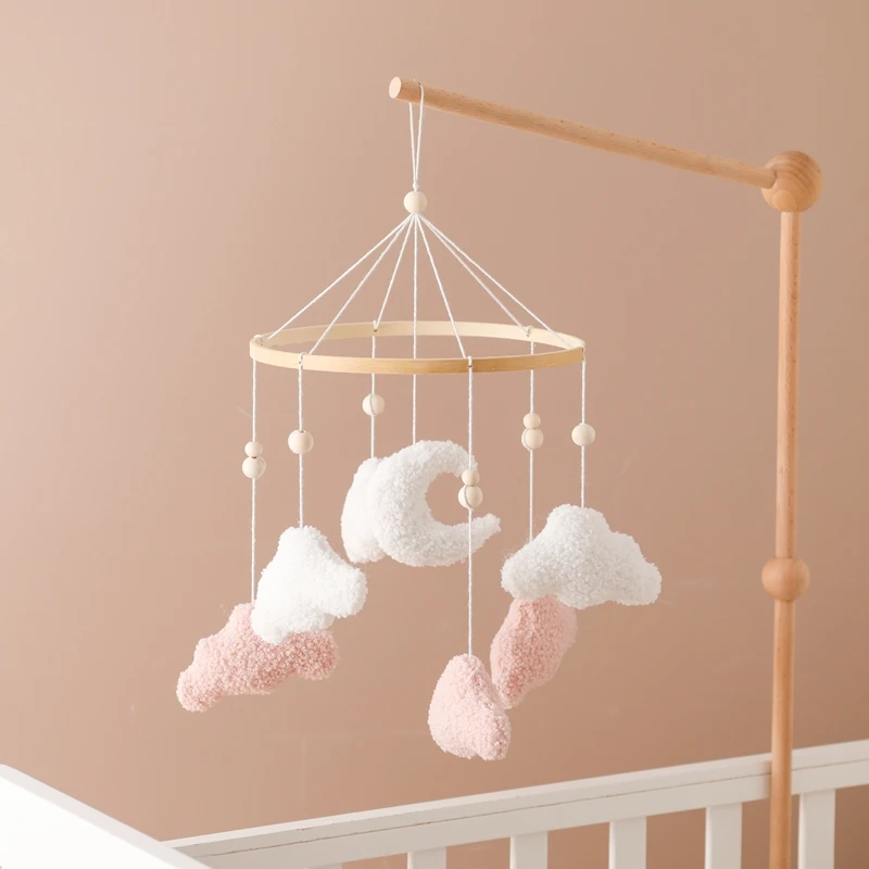 Mobile de dessin animé rose nuageux pour bébé, décor CPull, berceau, hochet en bois, cloche de lit, bras mobile CPull, jouets pour bébé de 0 à 12 mois