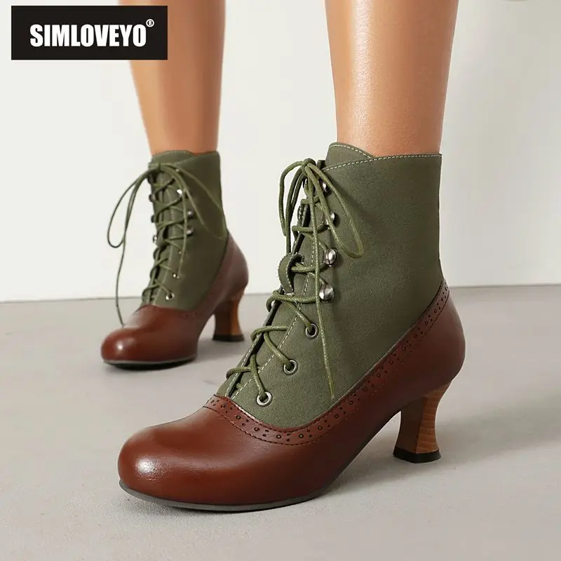 

SIMLOVEYO Осенние женские ботильоны - круглый носок 5,5 см, необычные каблуки со шнуровкой, несколько цветов (зеленый, коричневый, бежевый), большие размеры 44-48