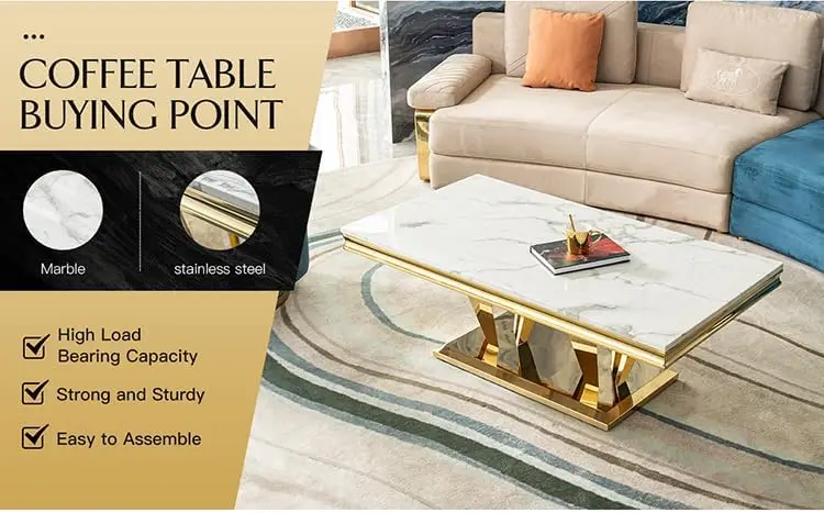 58.18"" Modern Rectangular 0.78"" Thick Mdf Marble Pattern Top, Coffee Table Stainless Steel Base With Gold Mirror Finish