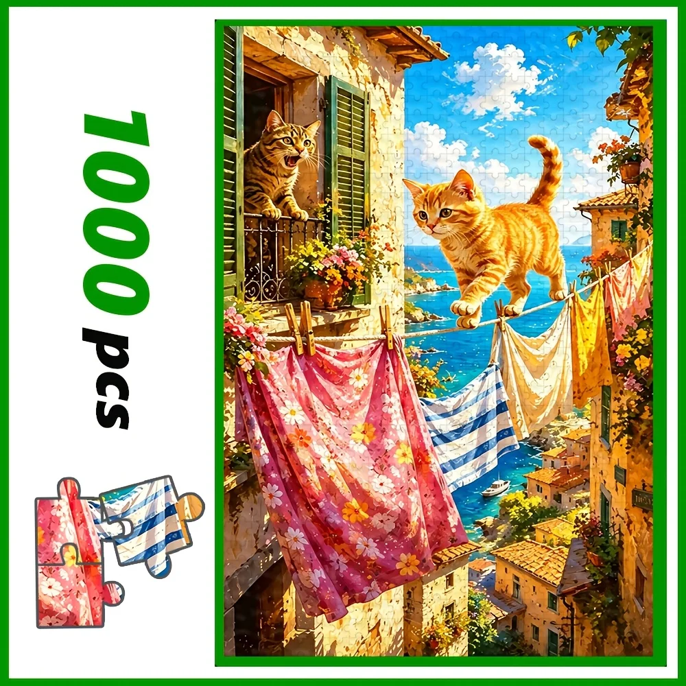 Leisure Jigsaw Puzzle, Coastal Village Kittens, Barnyard Animal Scene, Colorful Hair Granny, Cozy Knitting Cat, Home Decor Gift