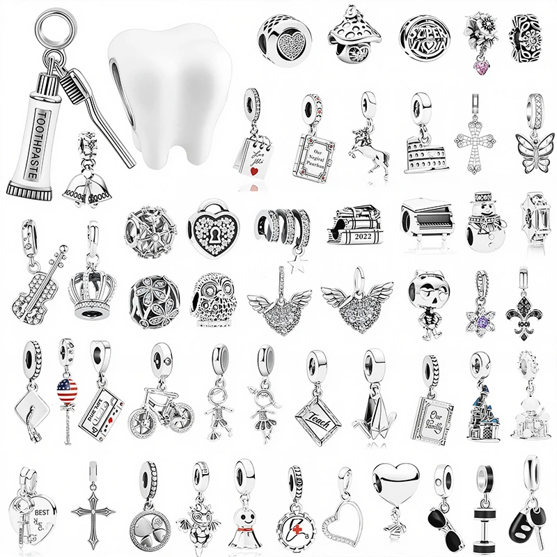 

925 посеребренных очаровательных бусин для браслетов, ожерелий-зубная зубная паста, книга, единорог, фортепиано, сердце, мультфильм, сделай сам, ювелирные изделия, женский подарок