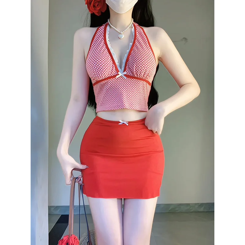 Women's 2025 Summer New Sweet Cute Plaid 3-Piece Skirt Bikini Set, Sexy Beach Swimwear