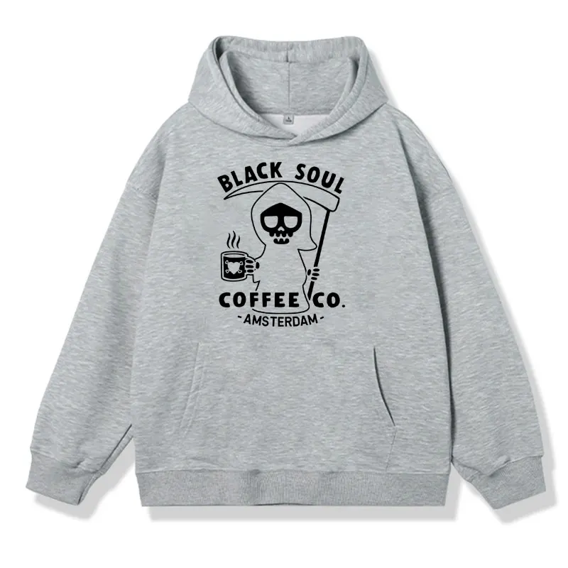 Funny Coffee print hoodie Black Soul Coffee Cafe Grim Reaper Hip-hop sweatshirt Gothic Cool casual Long-sleeved hoody pullover