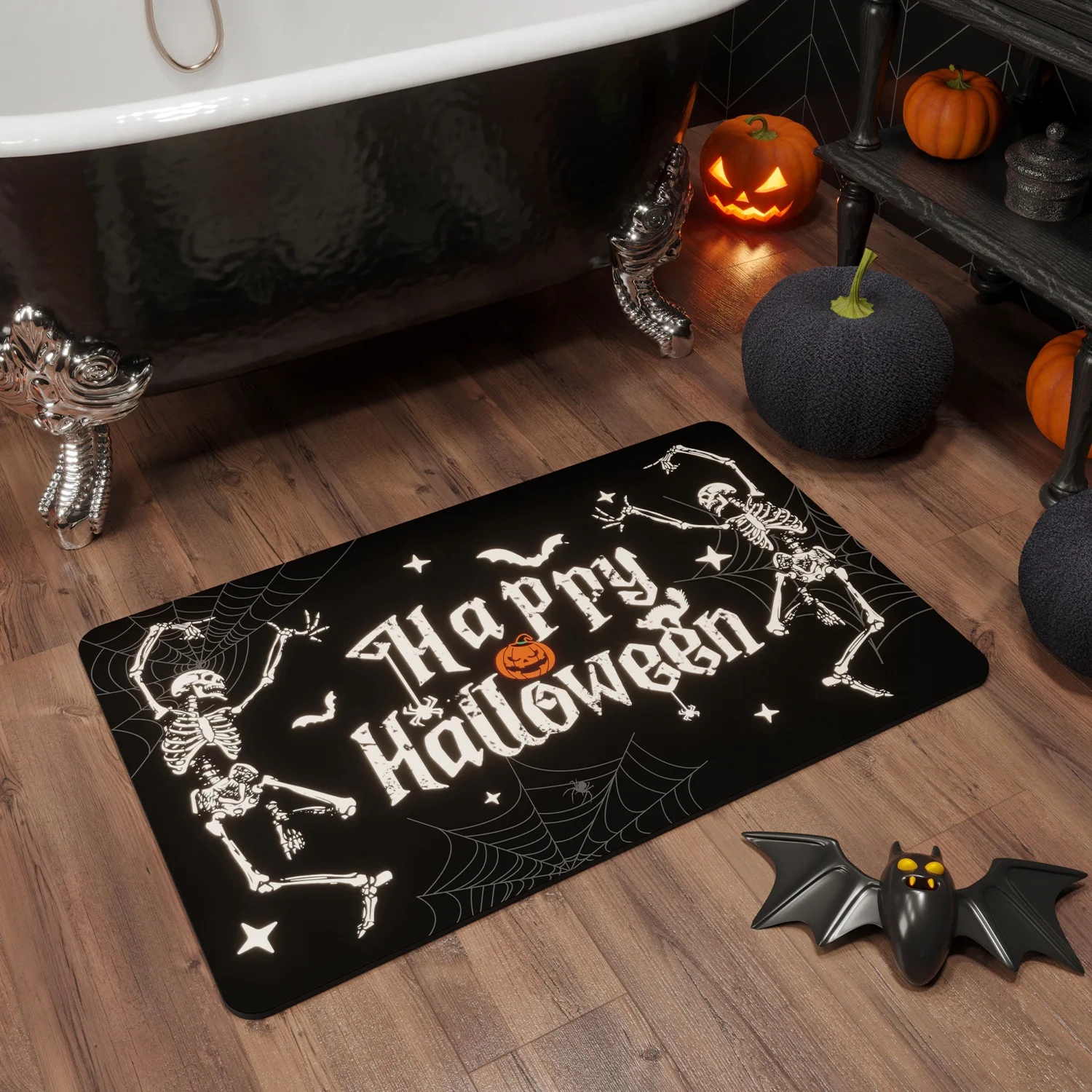 

Spider Web Bats Halloween Bath Mat Rug Soft Diatomaceous Earth Super Absorbent Fast Drying Non-Slip Rubber Backing Floor Rugs