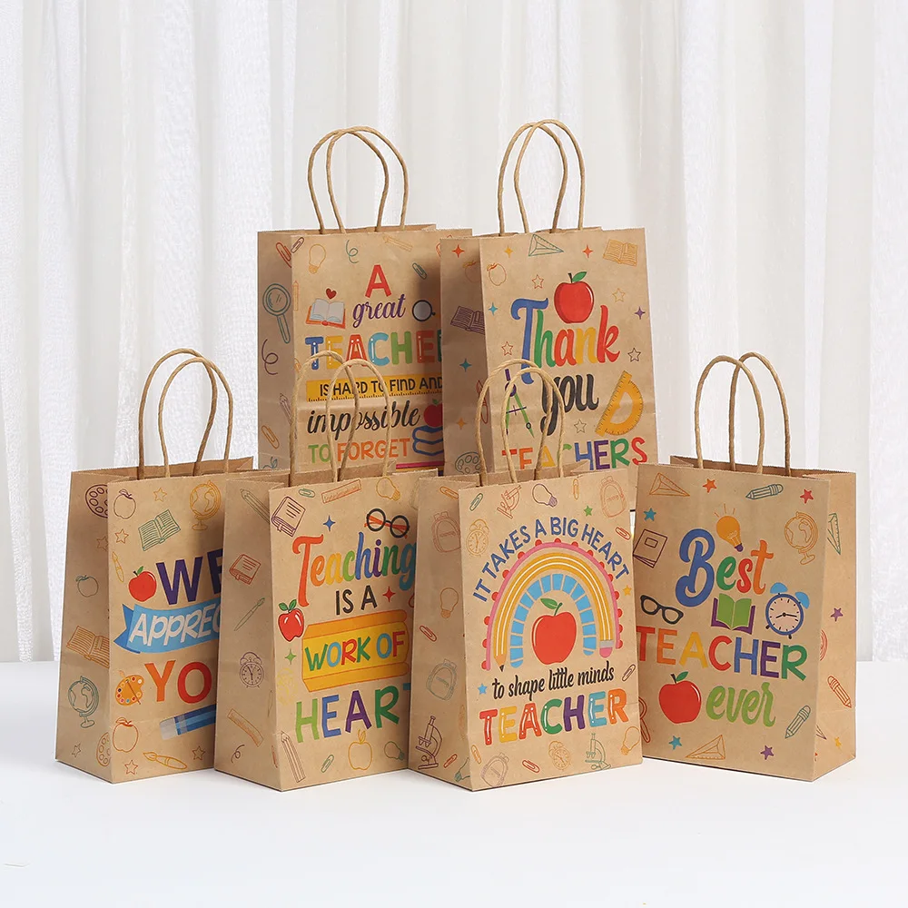 Sacs cadeaux en papier Kraft pour enseignants, 6 pièces, sacs à main portables, pochettes d'emballage pour fête du jour des enseignants