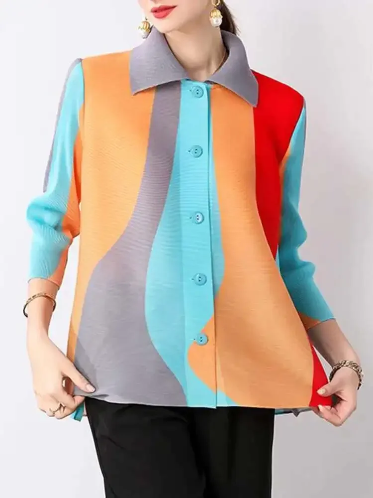 Camicia a pieghe Colorblocking Donna Risvolto Maniche lunghe Monopetto Cento Miyake Estate Nuovo 2025 Donna Allentato Casual Top
