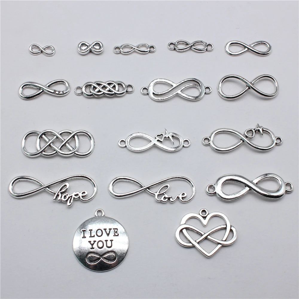 10 Uds. De dijes con símbolo del infinito, chapado en Color plata antigua para hacer joyería DIY, dijes de conector infinito