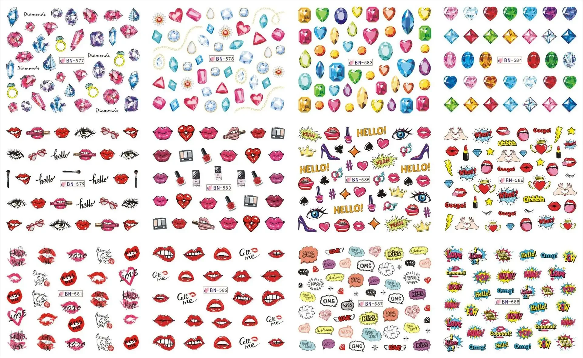 Mixed Nail Art Sticker Set, Amor, lábios, Letras, Graffiti, Folhas, Abstrato, Rosto Padrão, Manicure, Decorativo, 12Designs